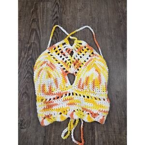 Handmade Crochet Women's Small Bralette Halter Cross Tie Back Top Orange Yellow